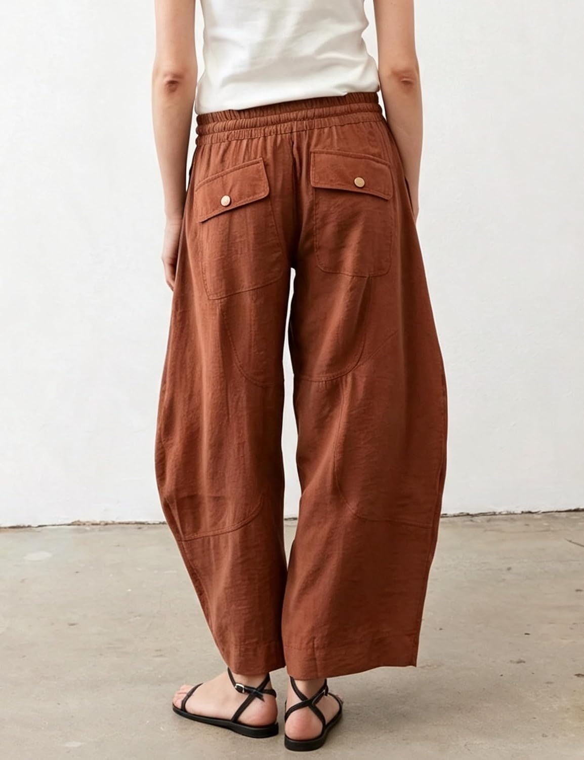 image:imageSpringrain Womens Barrel Cotton Linen Pants Drawstring WaistRust