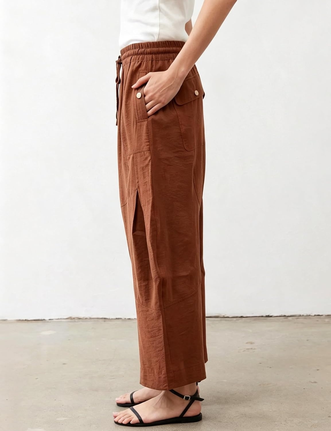 image:imageSpringrain Womens Barrel Cotton Linen Pants Drawstring WaistRust