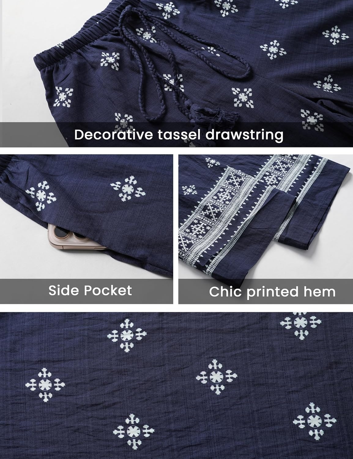 image:imageSpringrain Womens Linen Wide Leg Pants Floral Palazzo TrousersNavy