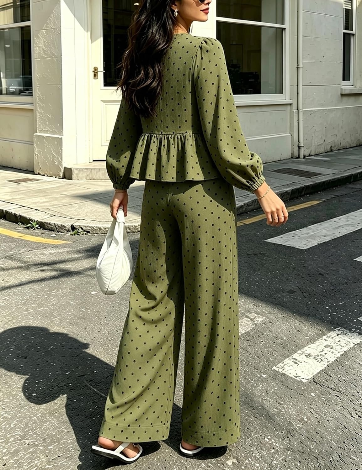 image:imageSpringrain Womens Polka Dot 2 Piece Set Wide Leg Pants SetArmygreen