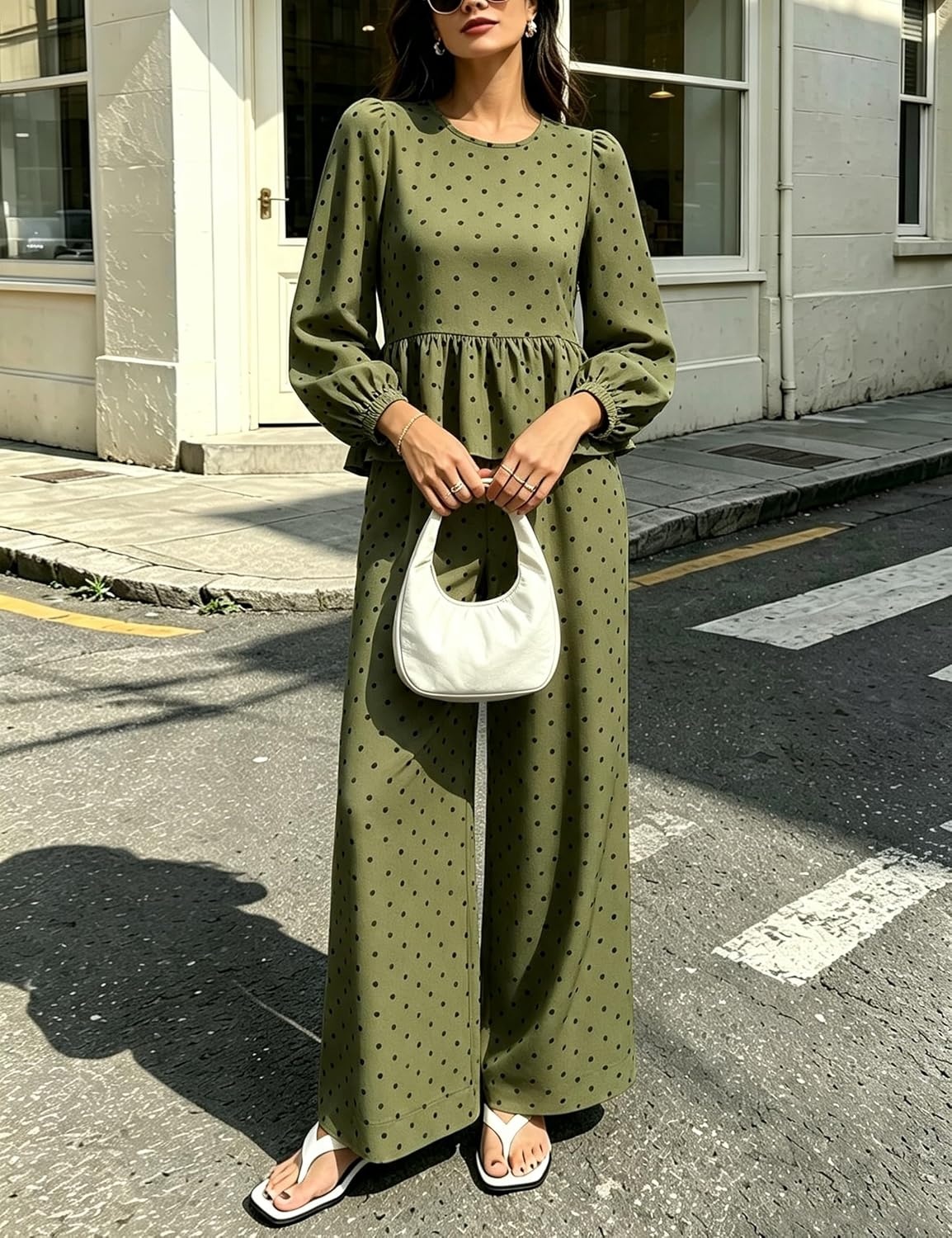 image:imageSpringrain Womens Polka Dot 2 Piece Set Wide Leg Pants SetArmygreen
