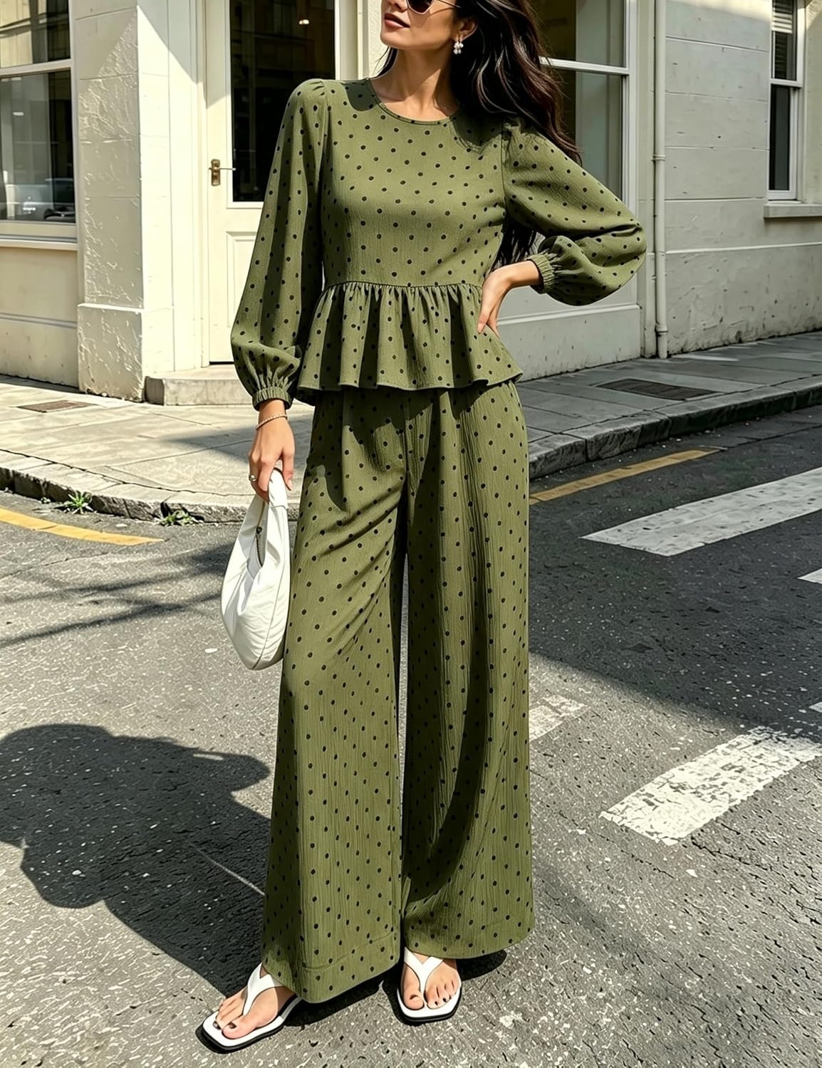 image:imageSpringrain Womens Polka Dot 2 Piece Set Wide Leg Pants SetArmygreen