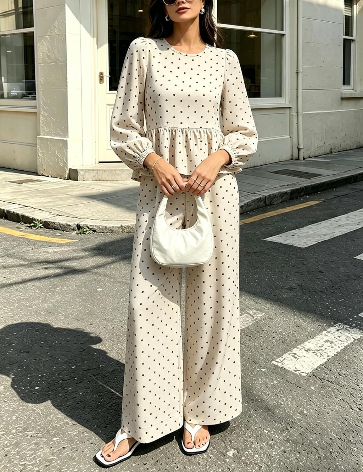 image:imageSpringrain Womens Polka Dot 2 Piece Set Wide Leg Pants SetBeige