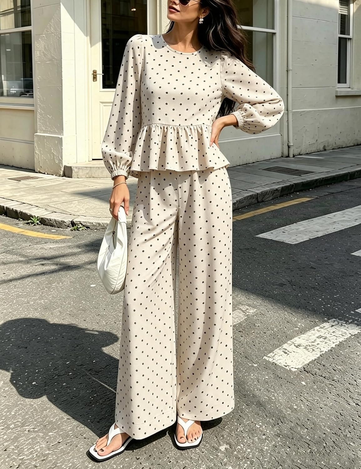 image:imageSpringrain Womens Polka Dot 2 Piece Set Wide Leg Pants SetBeige
