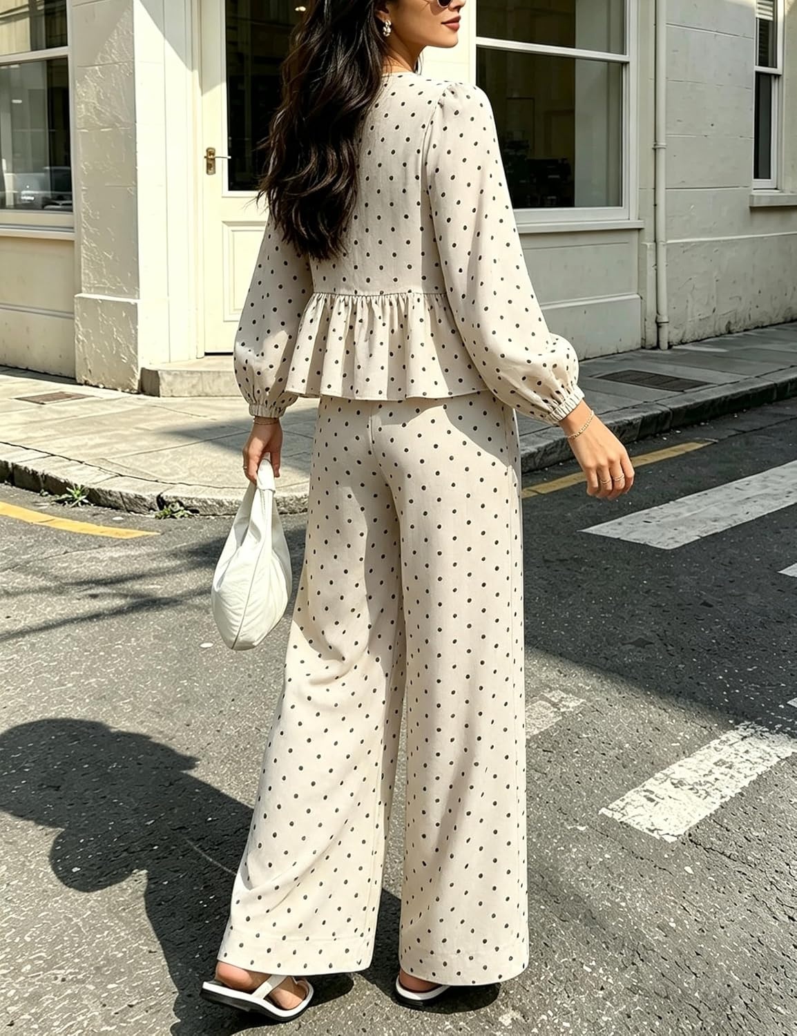 image:imageSpringrain Womens Polka Dot 2 Piece Set Wide Leg Pants SetBeige