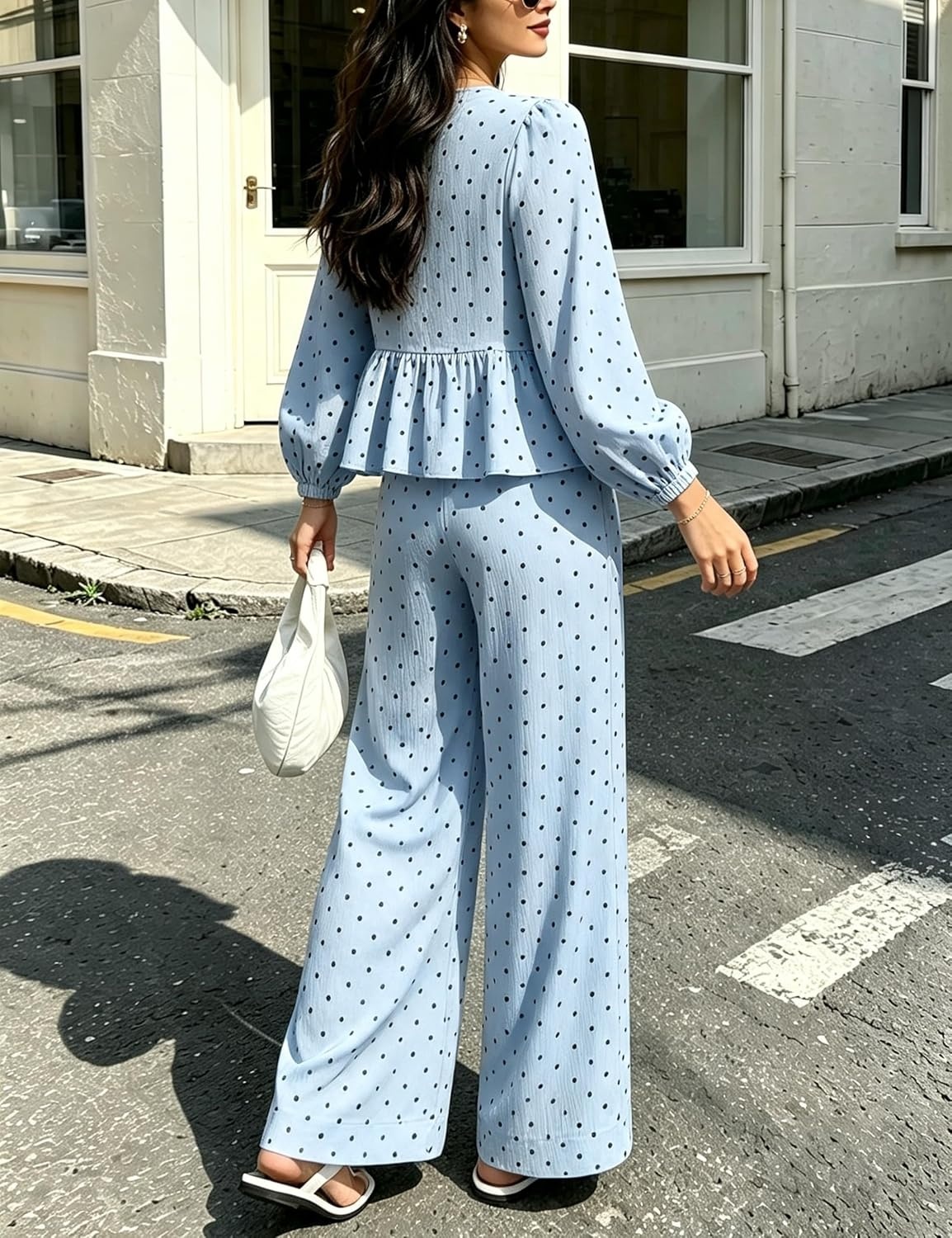 image:imageSpringrain Womens Polka Dot 2 Piece Set Wide Leg Pants SetBlue