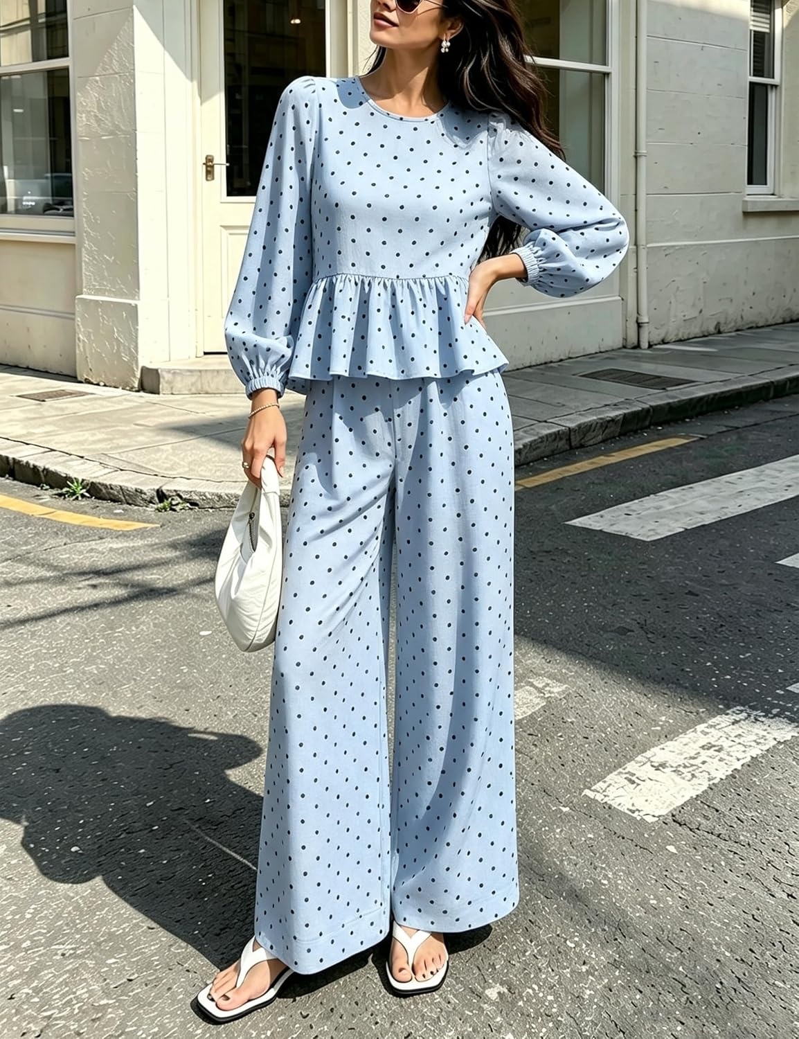 image:imageSpringrain Womens Polka Dot 2 Piece Set Wide Leg Pants SetBlue