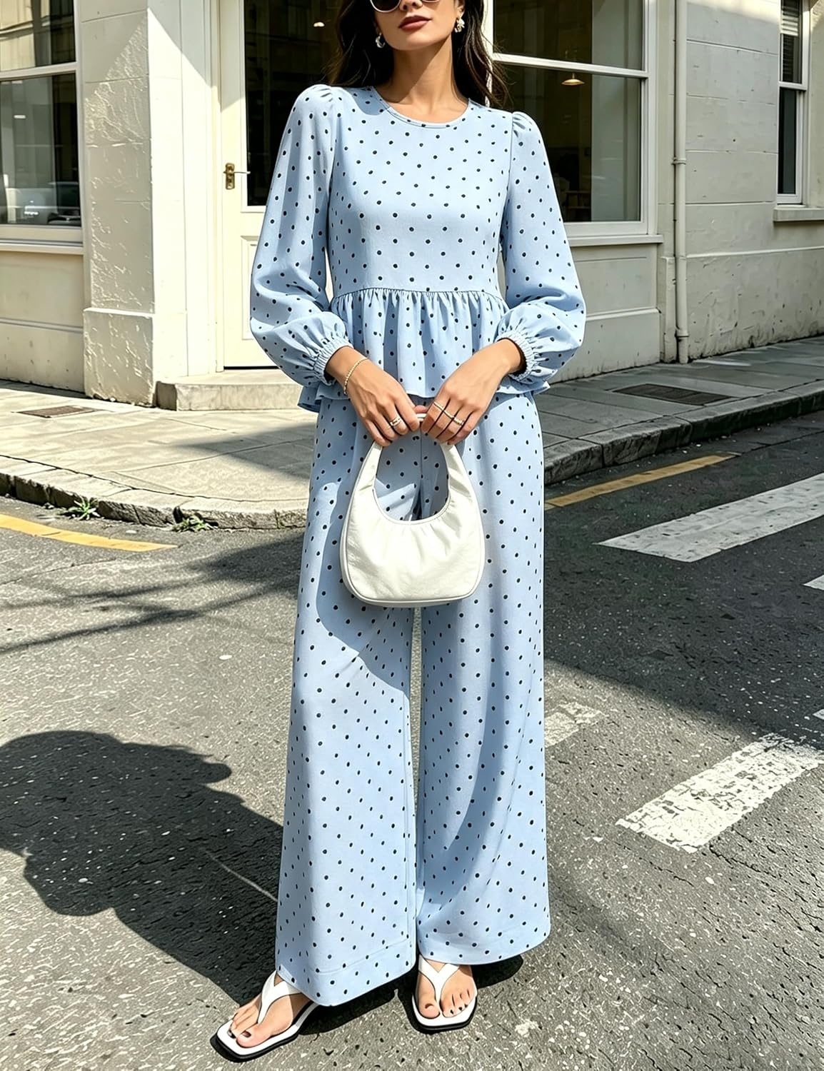 image:imageSpringrain Womens Polka Dot 2 Piece Set Wide Leg Pants SetBlue