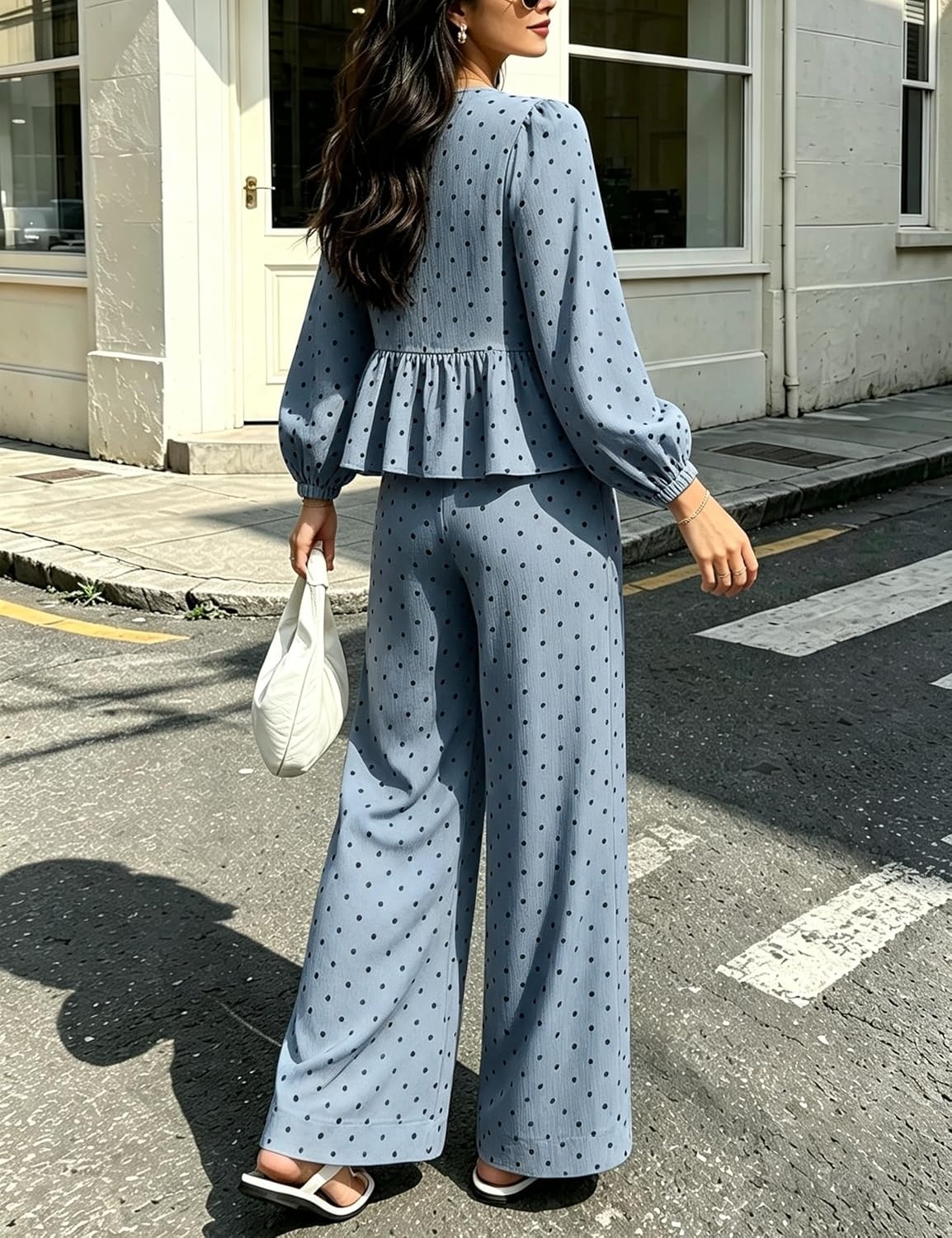 image:imageSpringrain Womens Polka Dot 2 Piece Set Wide Leg Pants SetBluegrey