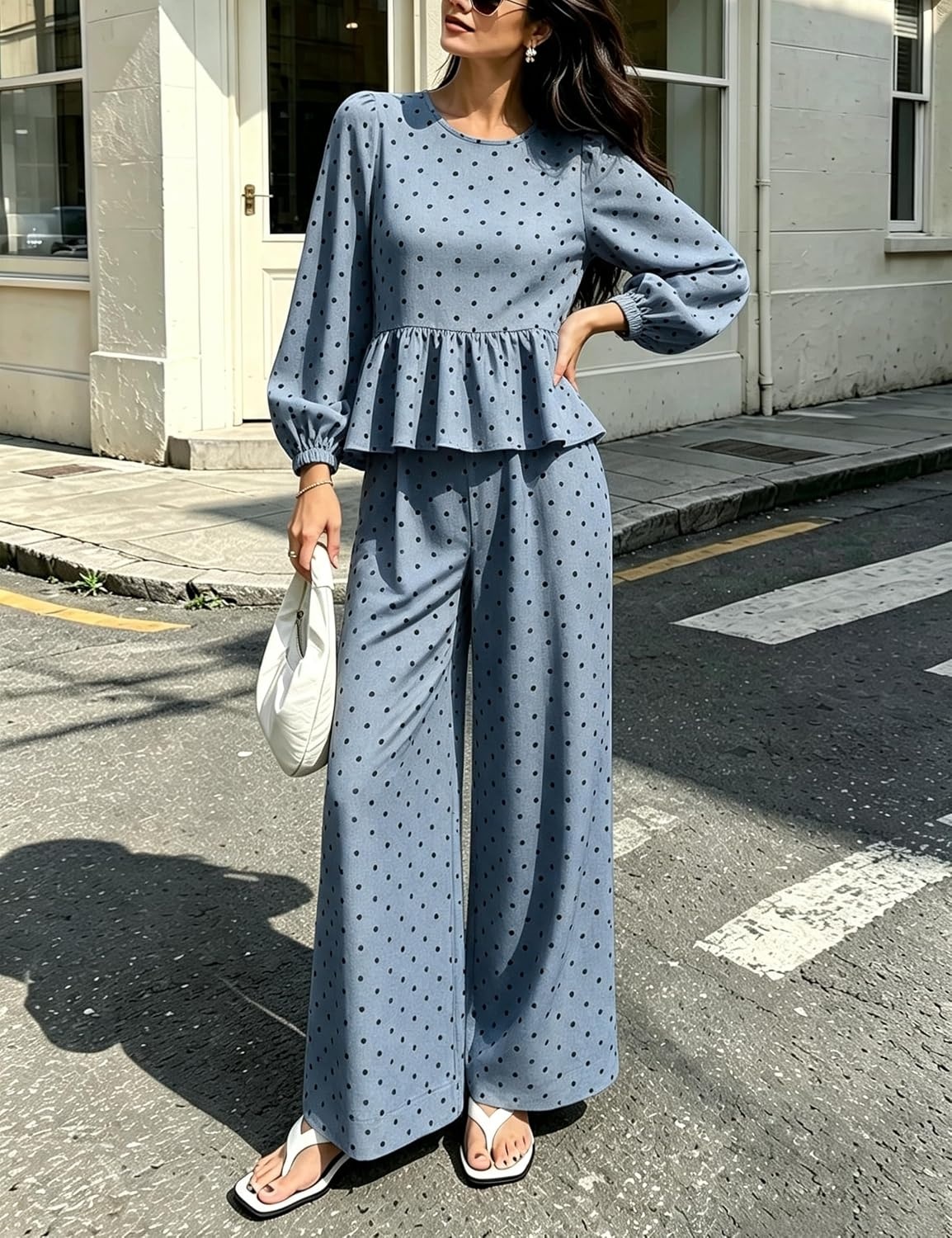image:imageSpringrain Womens Polka Dot 2 Piece Set Wide Leg Pants SetBluegrey