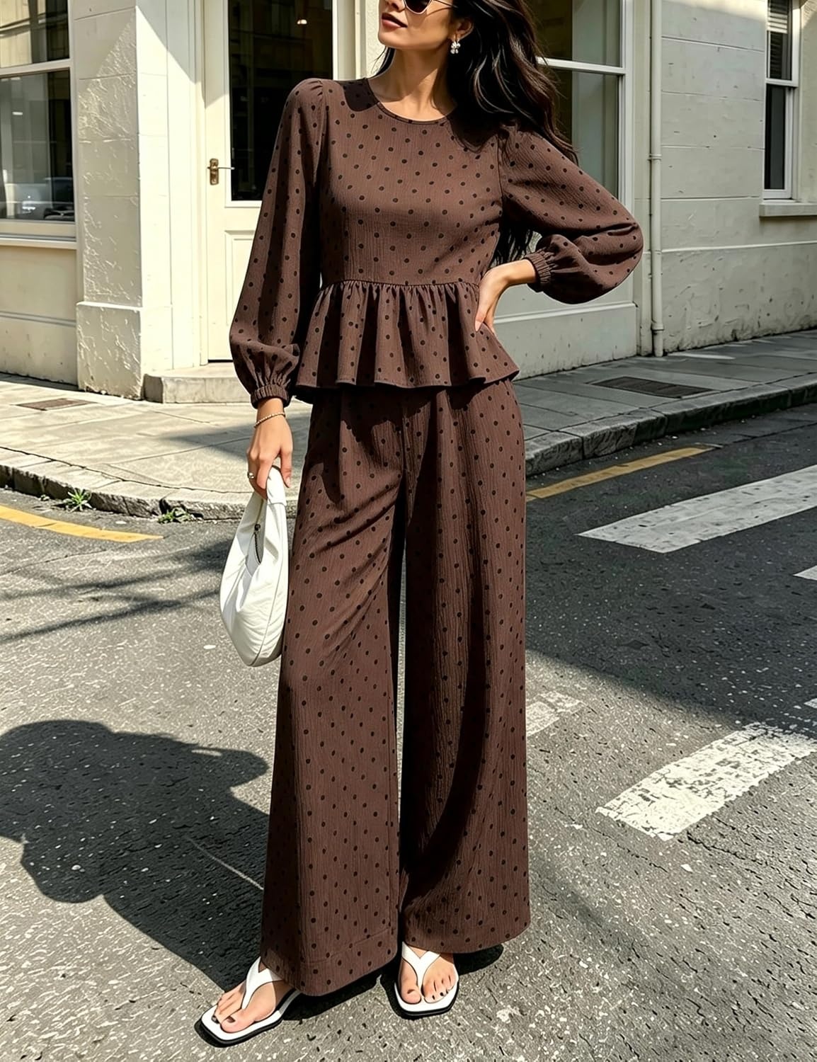 image:imageSpringrain Womens Polka Dot 2 Piece Set Wide Leg Pants SetCoffee