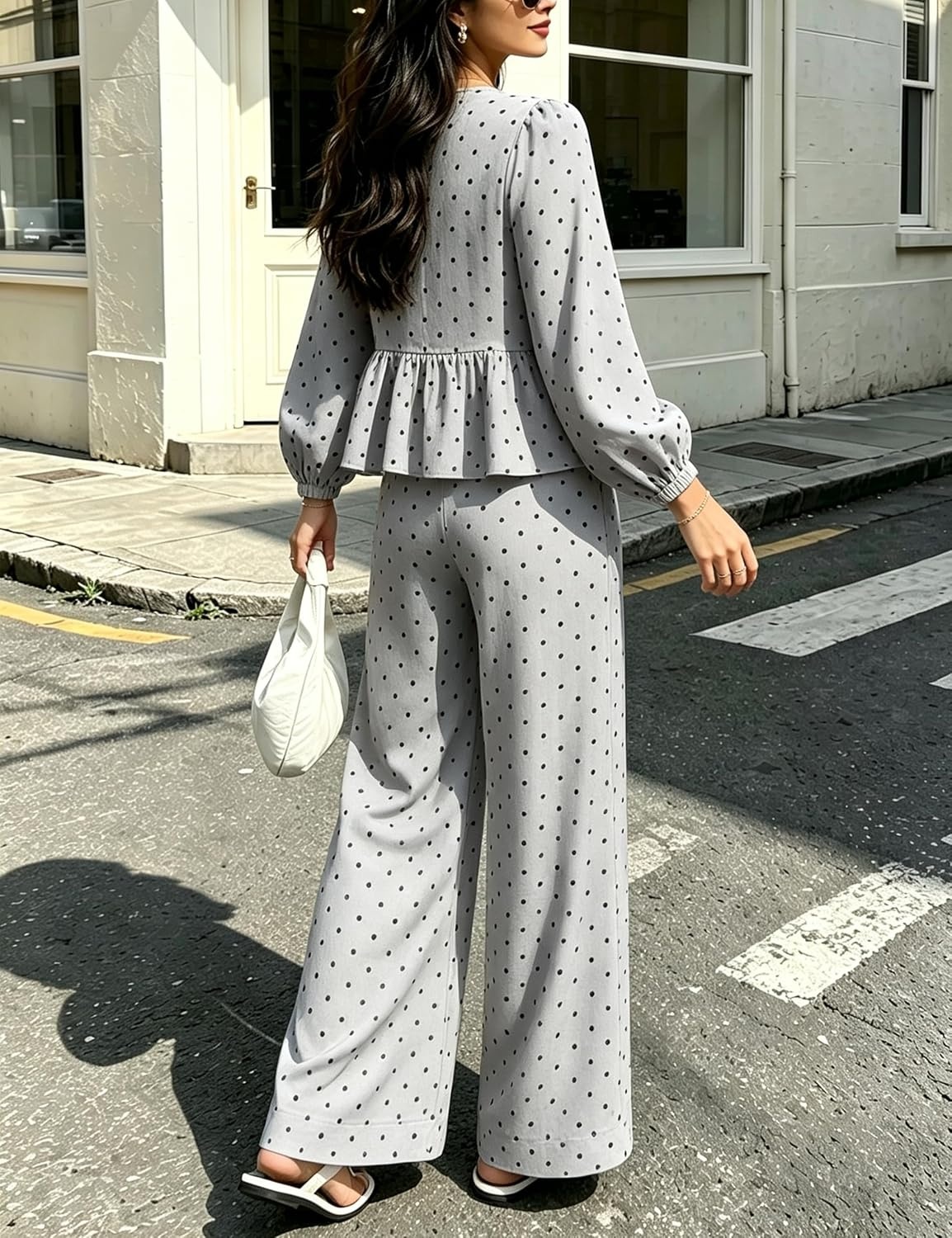 image:imageSpringrain Womens Polka Dot 2 Piece Set Wide Leg Pants SetGrey