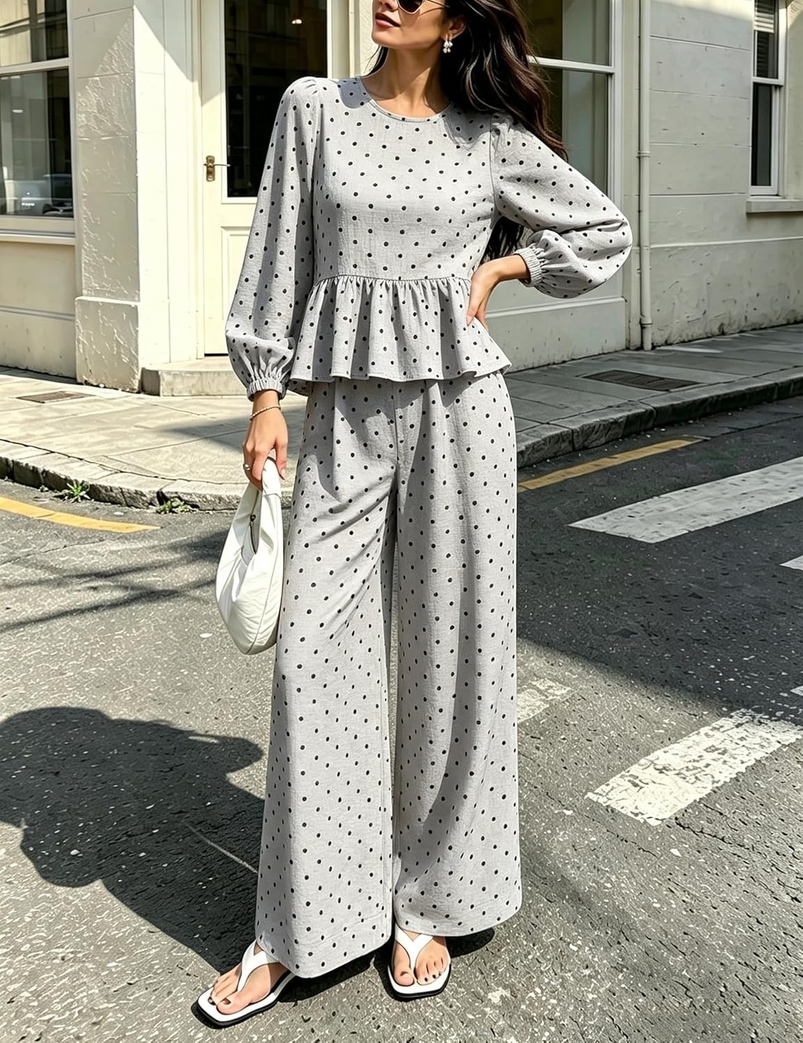 image:imageSpringrain Womens Polka Dot 2 Piece Set Wide Leg Pants SetGrey
