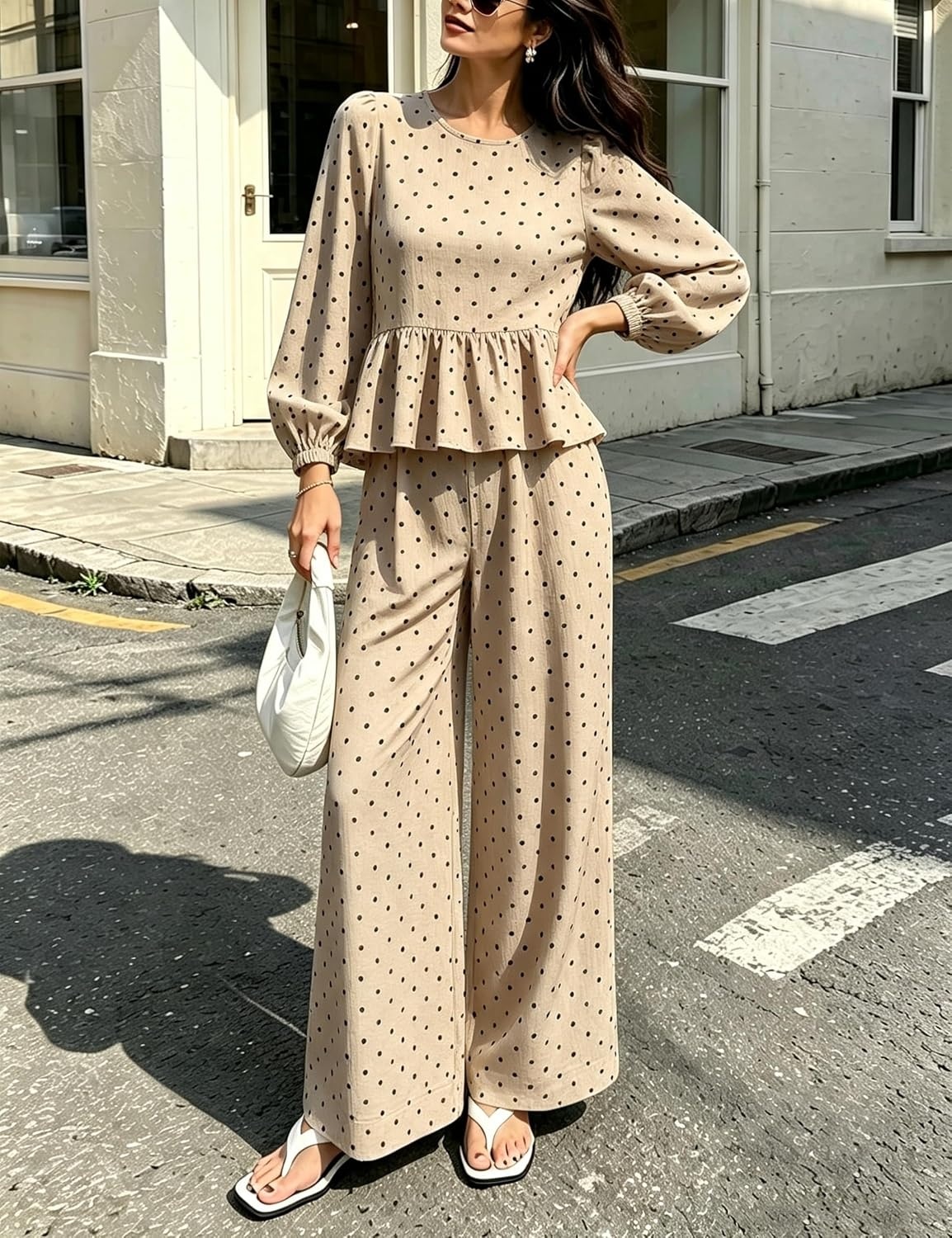 image:imageSpringrain Womens Polka Dot 2 Piece Set Wide Leg Pants SetKhaki