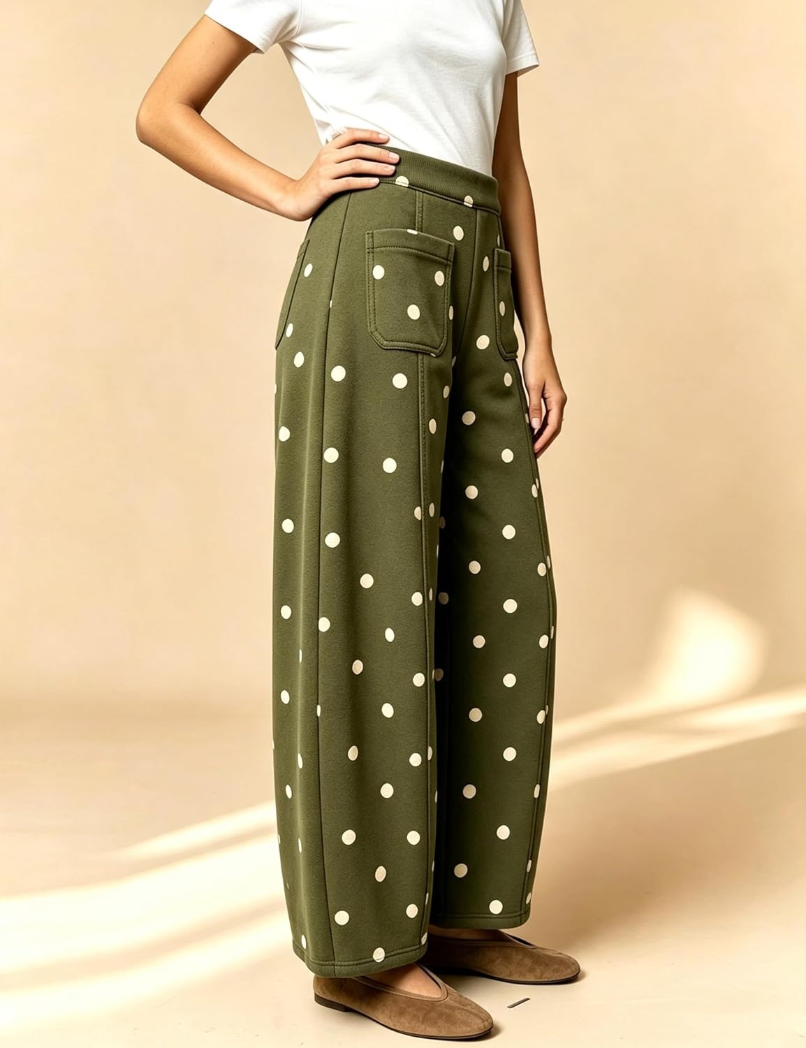 image:imageSpringrain Womens Polka Dot Sweatpants Wide Leg Barrel PantsArmygreen