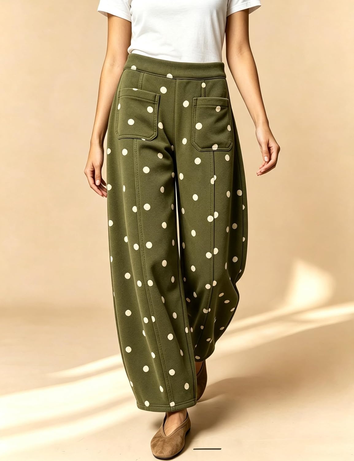 image:imageSpringrain Womens Polka Dot Sweatpants Wide Leg Barrel PantsArmygreen