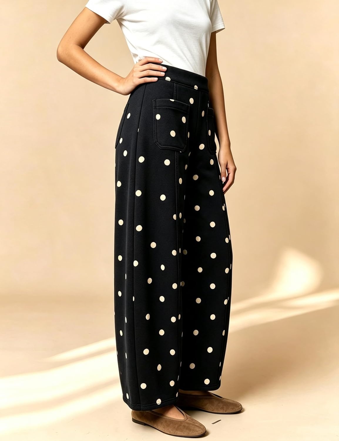 image:imageSpringrain Womens Polka Dot Sweatpants Wide Leg Barrel PantsBlack