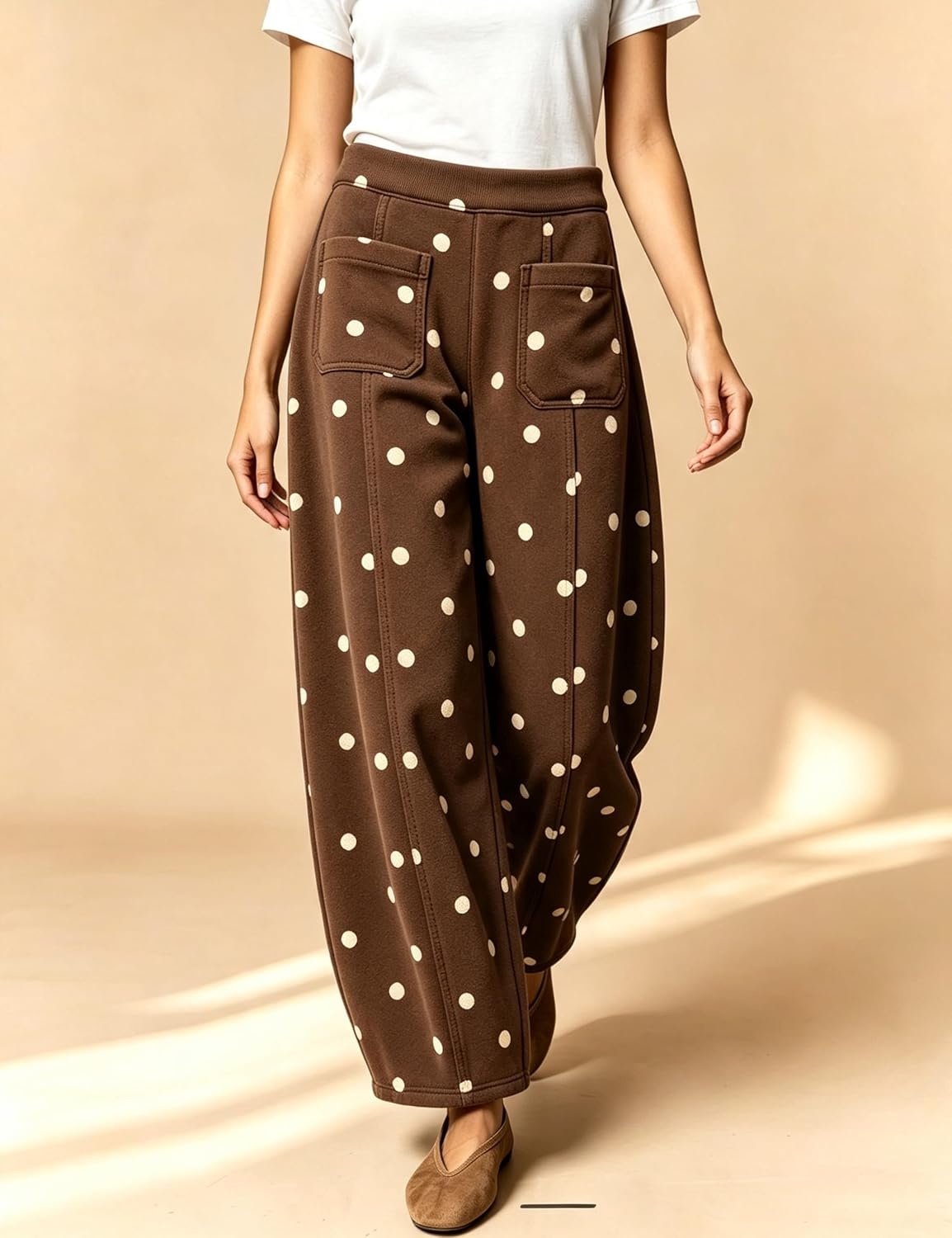 image:imageSpringrain Womens Polka Dot Sweatpants Wide Leg Barrel PantsBrown