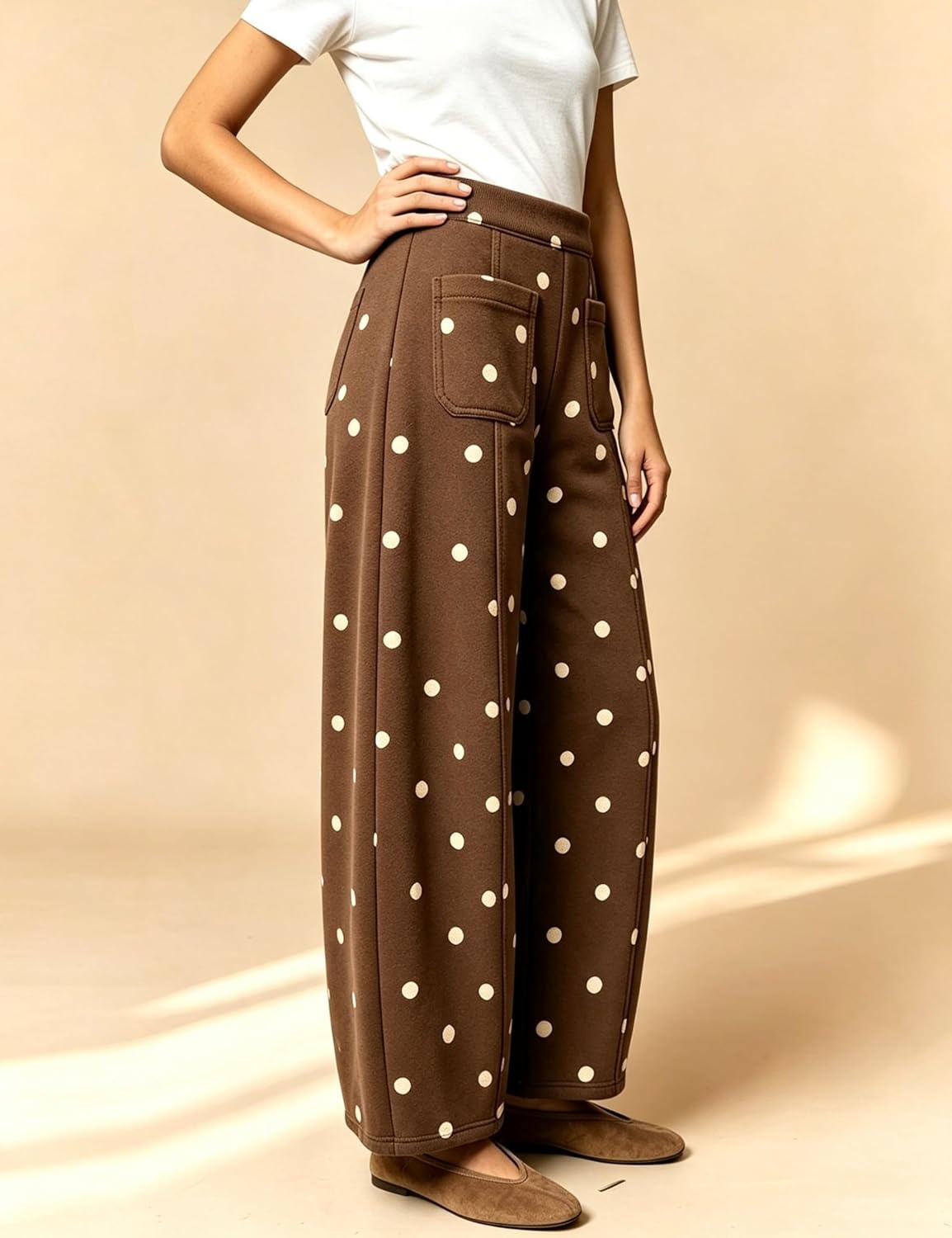 image:imageSpringrain Womens Polka Dot Sweatpants Wide Leg Barrel PantsBrown