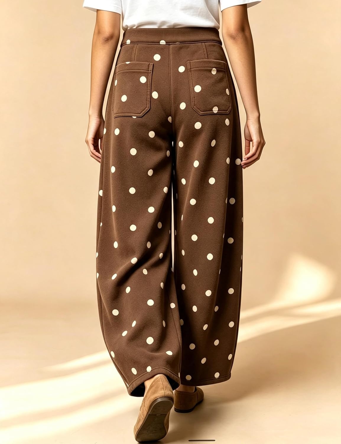 image:imageSpringrain Womens Polka Dot Sweatpants Wide Leg Barrel PantsBrown