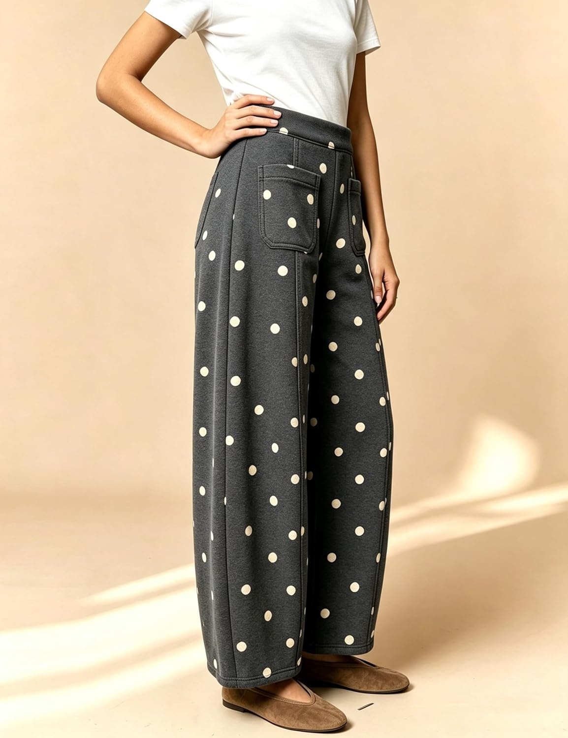 image:imageSpringrain Womens Polka Dot Sweatpants Wide Leg Barrel PantsGray