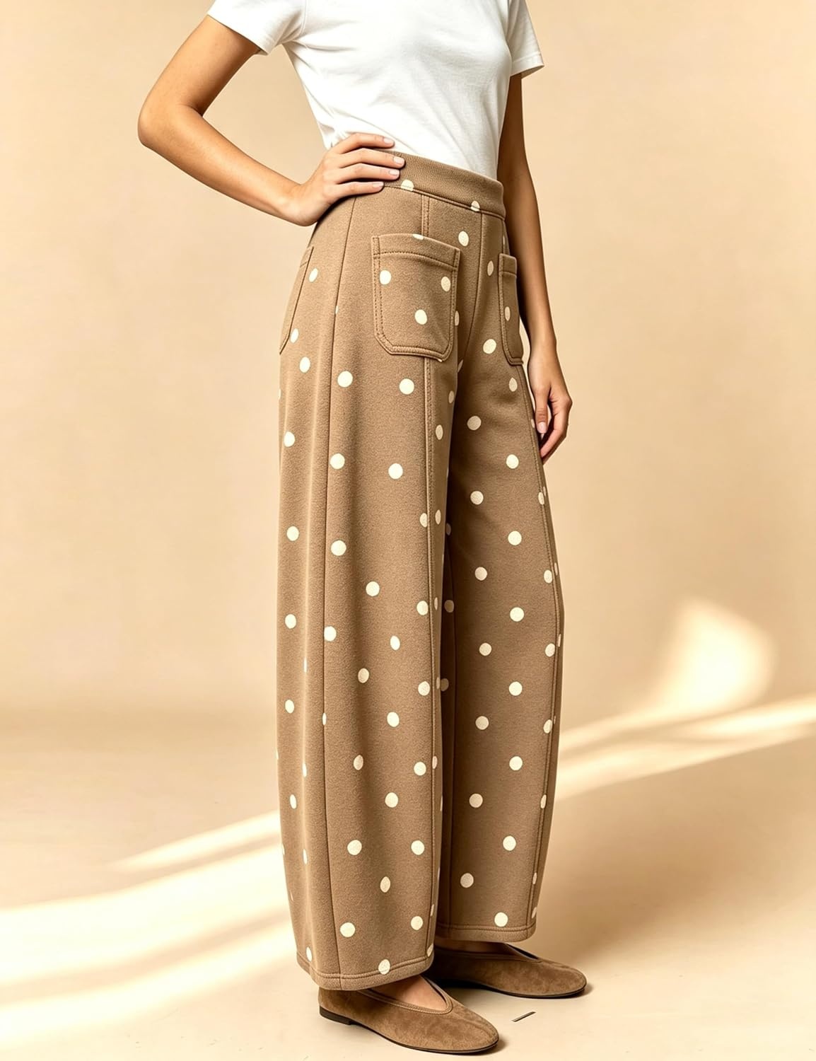 image:imageSpringrain Womens Polka Dot Sweatpants Wide Leg Barrel PantsKhaki