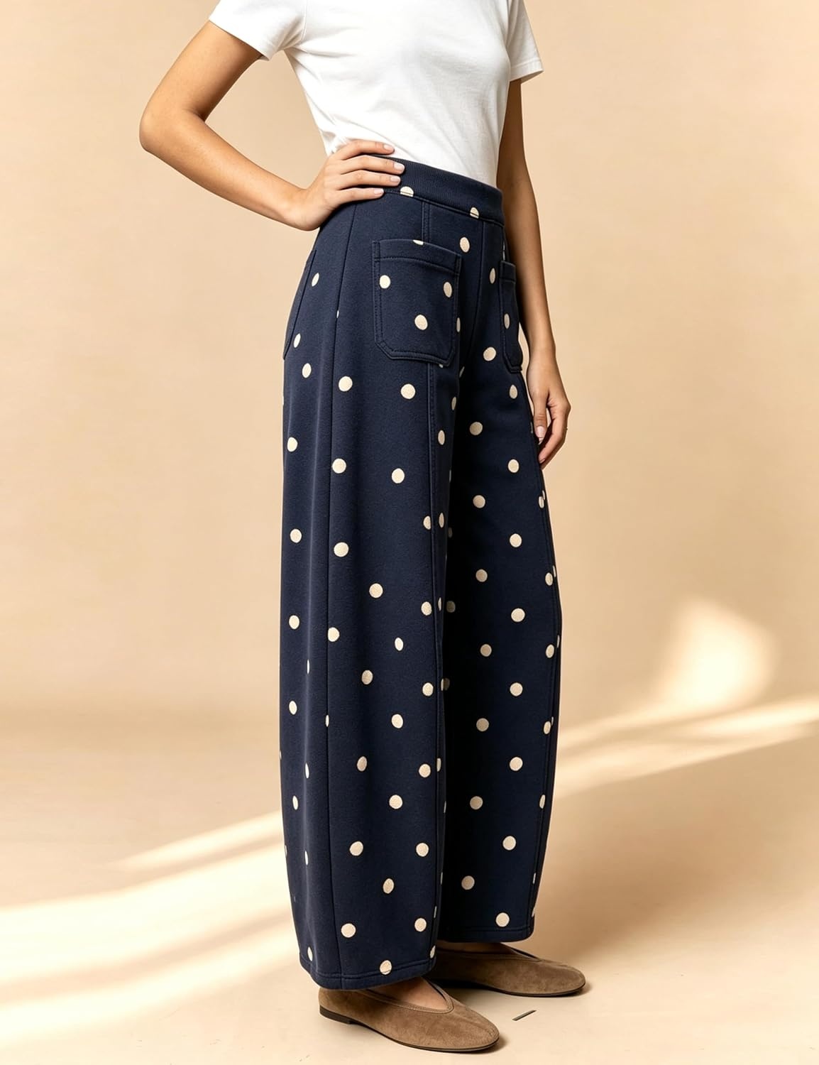 image:imageSpringrain Womens Polka Dot Sweatpants Wide Leg Barrel PantsNavy
