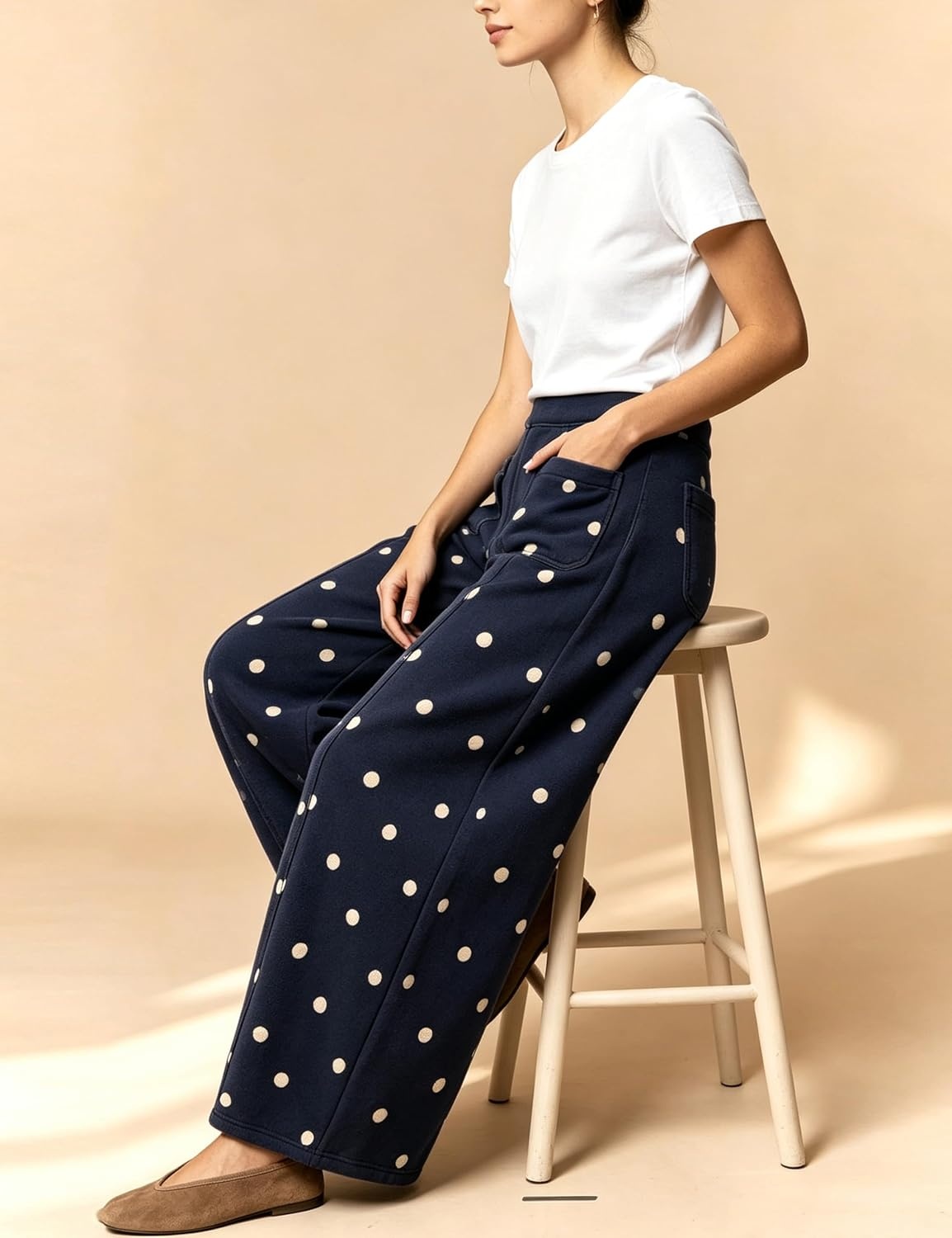 image:imageSpringrain Womens Polka Dot Sweatpants Wide Leg Barrel PantsNavy