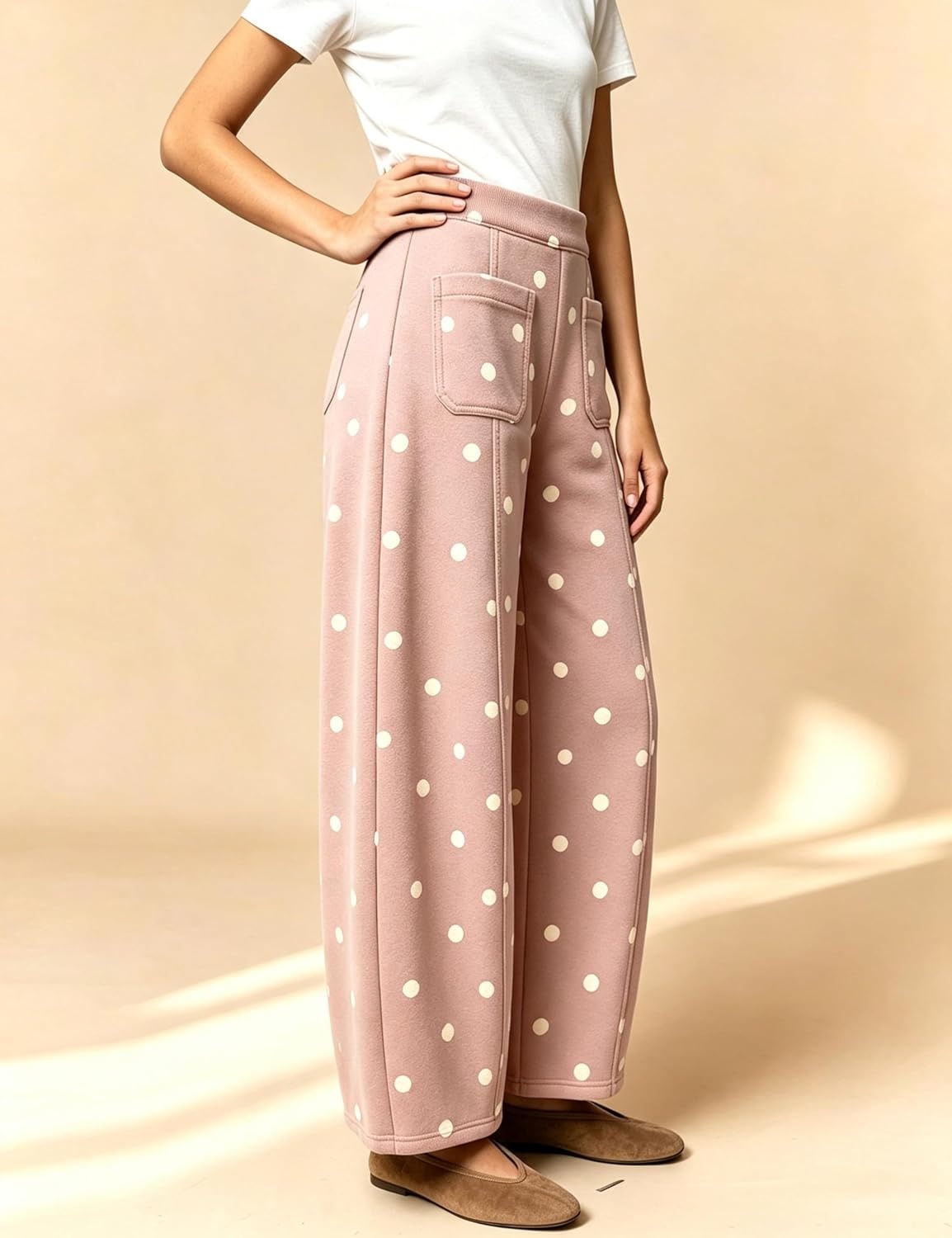 image:imageSpringrain Womens Polka Dot Sweatpants Wide Leg Barrel PantsPink