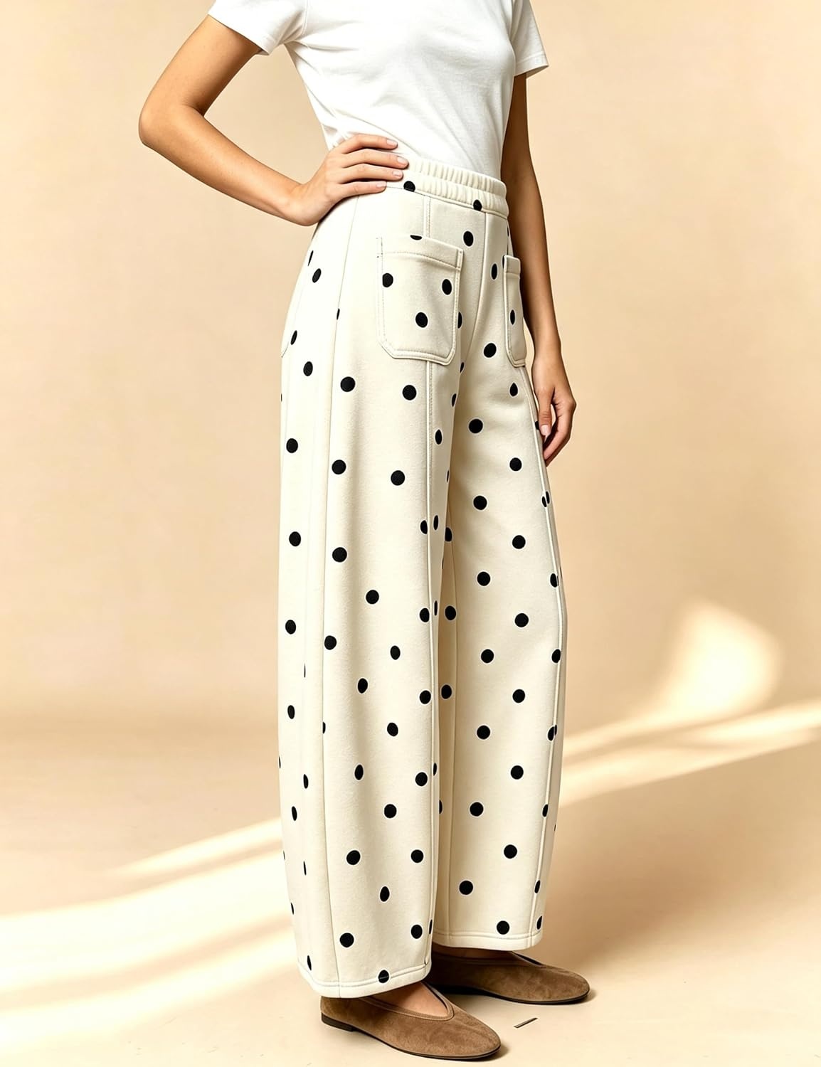 image:imageSpringrain Womens Polka Dot Sweatpants Wide Leg Barrel PantsWhite