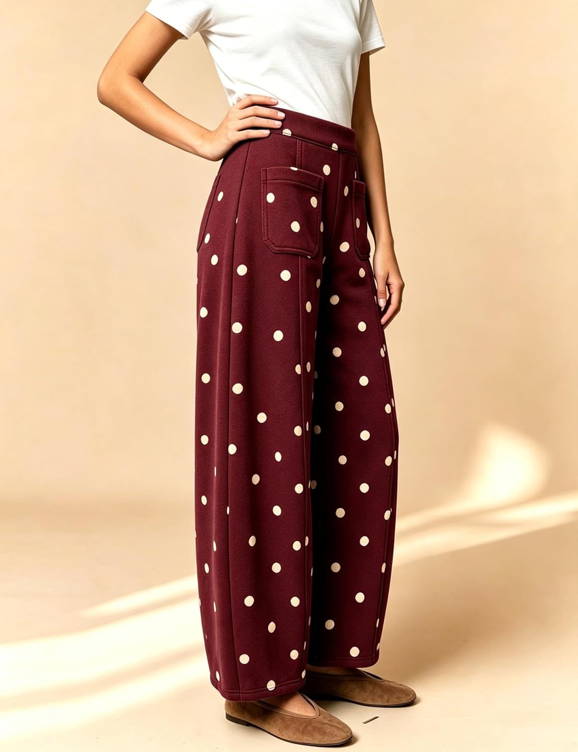 image:imageSpringrain Womens Polka Dot Sweatpants Wide Leg Barrel PantsWinered