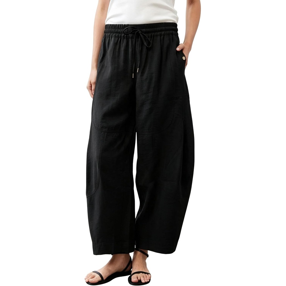 image:imageSpringrain Womens Barrel Cotton Linen Pants Drawstring WaistBlack