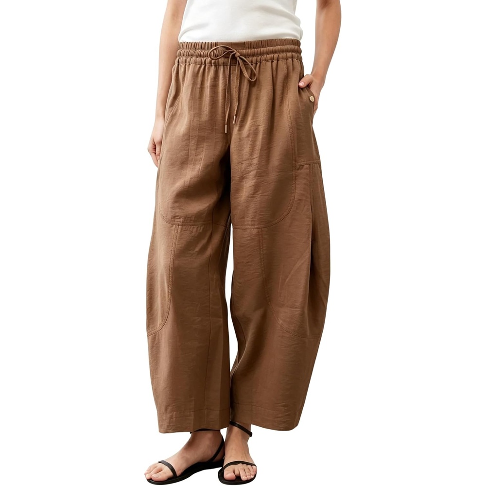 image:imageSpringrain Womens Barrel Cotton Linen Pants Drawstring WaistBrown