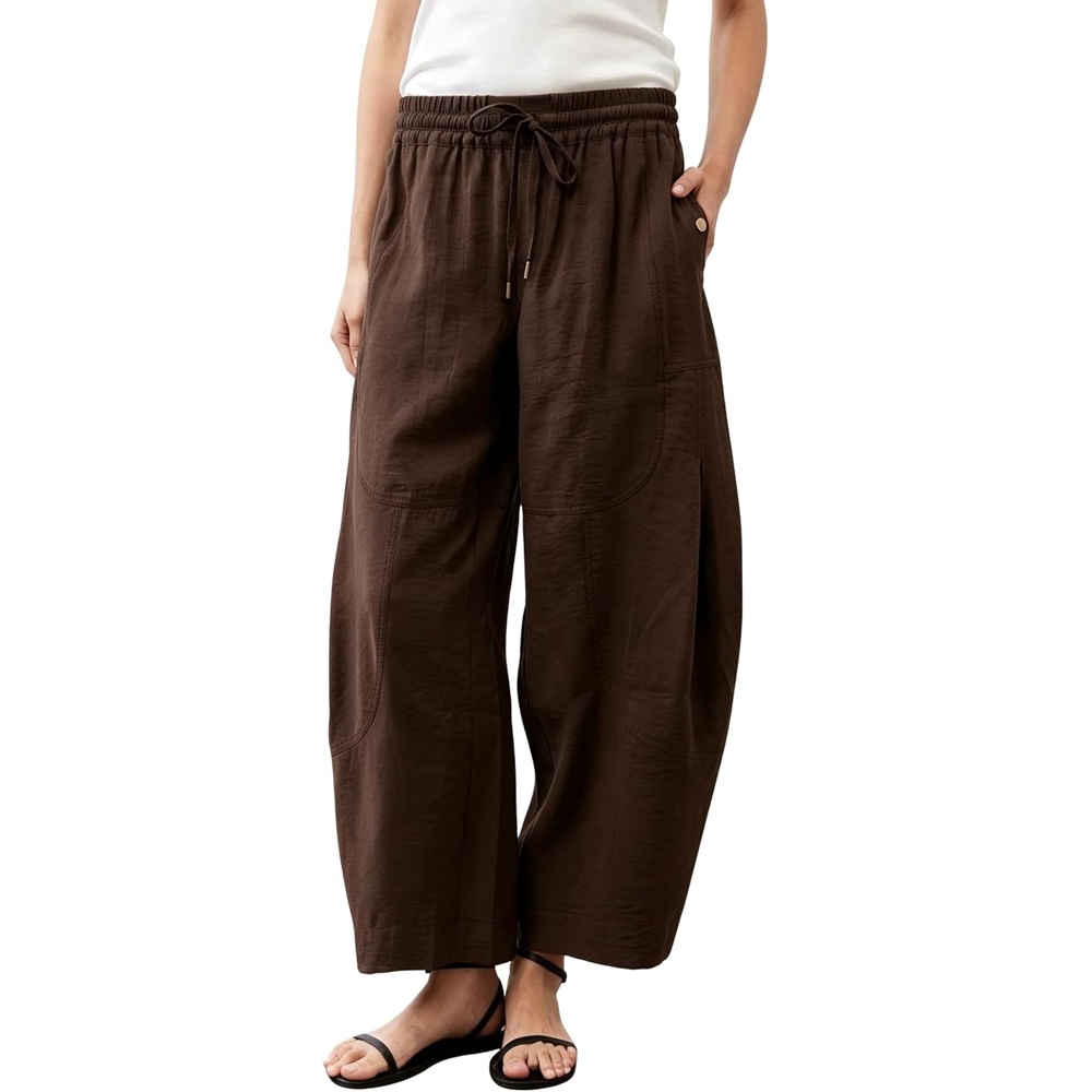 image:imageSpringrain Womens Barrel Cotton Linen Pants Drawstring WaistCoffee