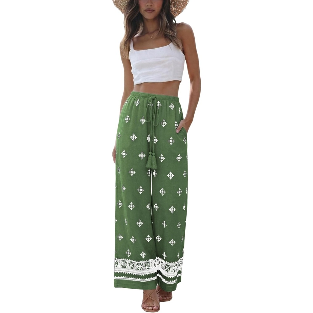 image:imageSpringrain Womens Linen Wide Leg Pants Floral Palazzo TrousersGreen