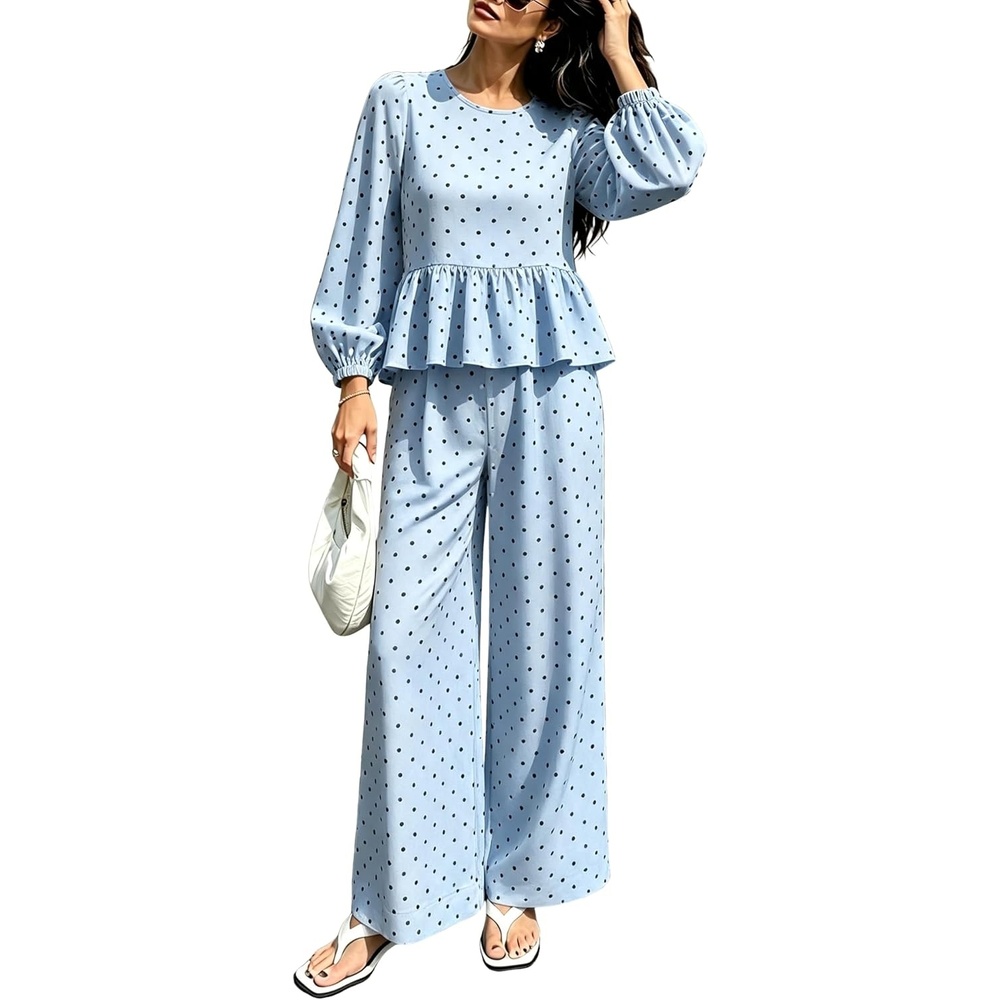 image:imageSpringrain Womens Polka Dot 2 Piece Set Wide Leg Pants SetBlue