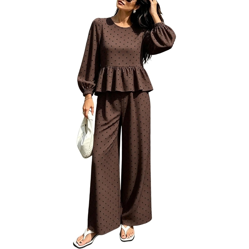 image:imageSpringrain Womens Polka Dot 2 Piece Set Wide Leg Pants SetCoffee