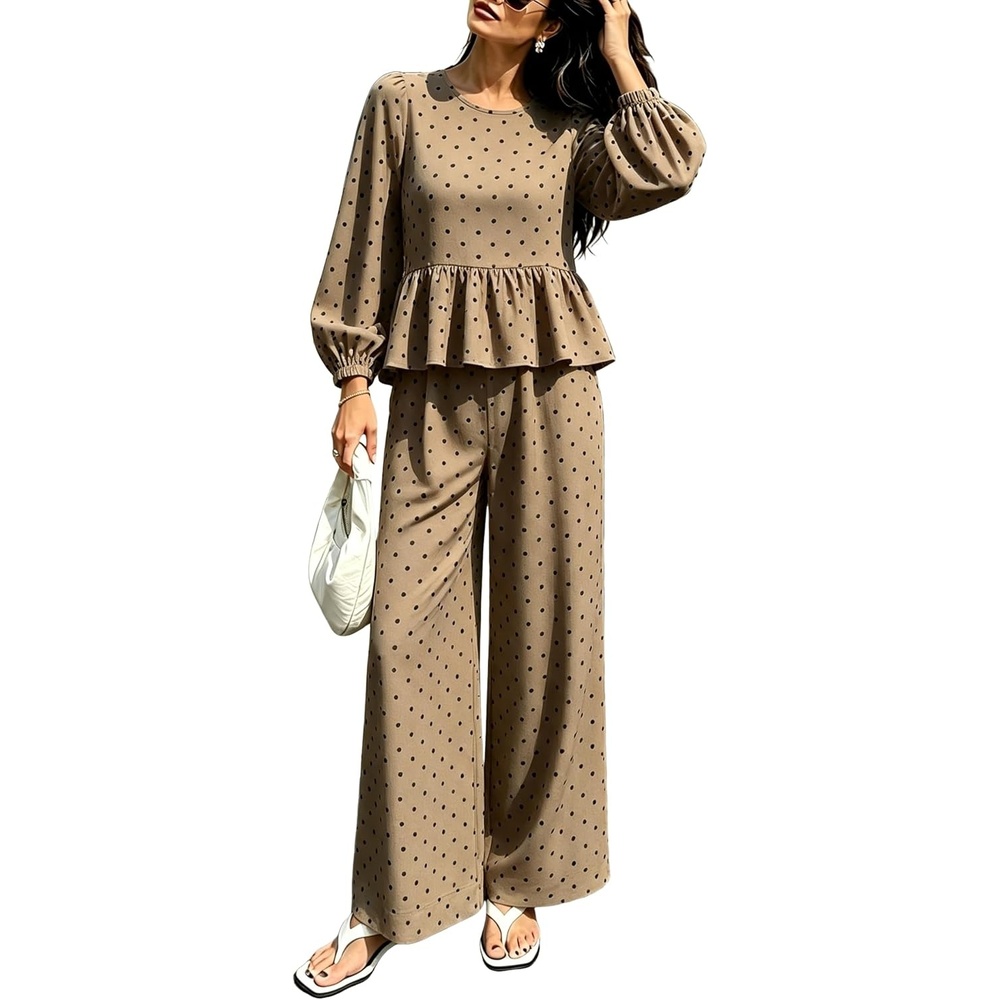 image:imageSpringrain Womens Polka Dot 2 Piece Set Wide Leg Pants SetDarkkhaki