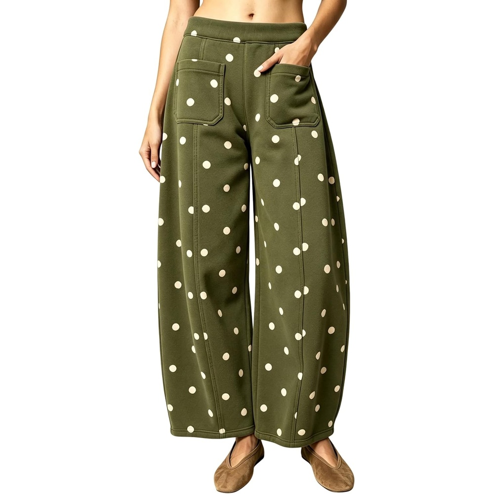 image:imageSpringrain Womens Polka Dot Sweatpants Wide Leg Barrel PantsArmygreen