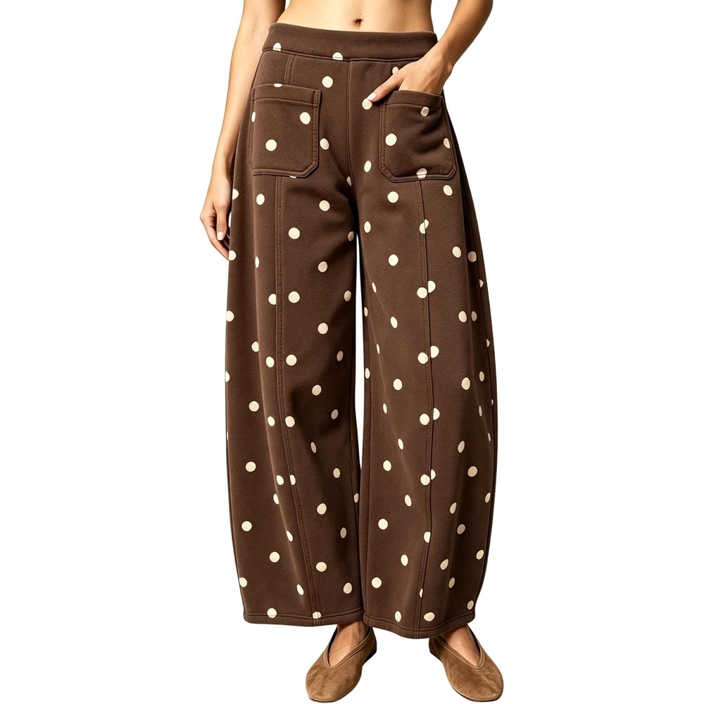 image:imageSpringrain Womens Polka Dot Sweatpants Wide Leg Barrel PantsBrown