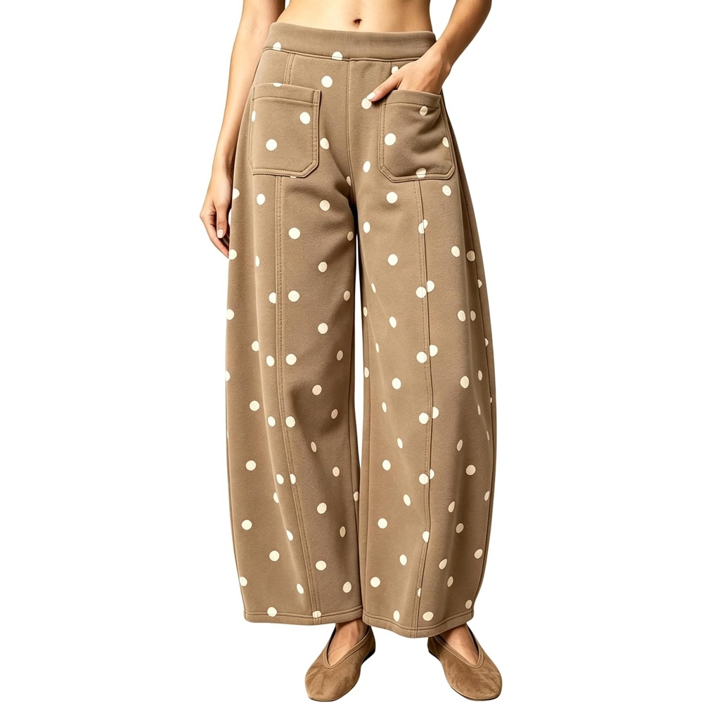 image:imageSpringrain Womens Polka Dot Sweatpants Wide Leg Barrel PantsKhaki
