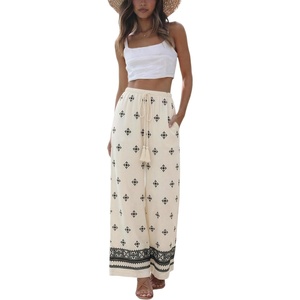 Springrain Women’s Linen Wide Leg Pants Floral Palazzo Trousers(Apricot)