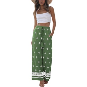 Springrain Women’s Linen Wide Leg Pants Floral Palazzo Trousers(Green)