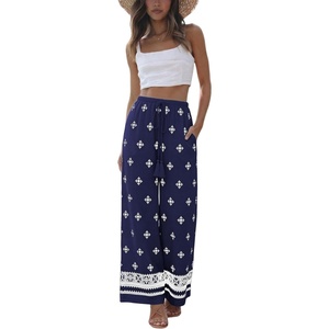 Springrain Women’s Linen Wide Leg Pants Floral Palazzo Trousers(Navy)