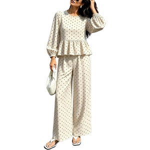 Springrain Women’s Polka Dot 2 Piece Set Wide Leg Pants Set(Beige)