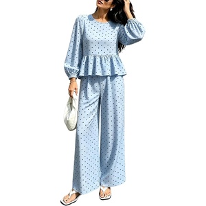 Springrain Women’s Polka Dot 2 Piece Set Wide Leg Pants Set(Blue)