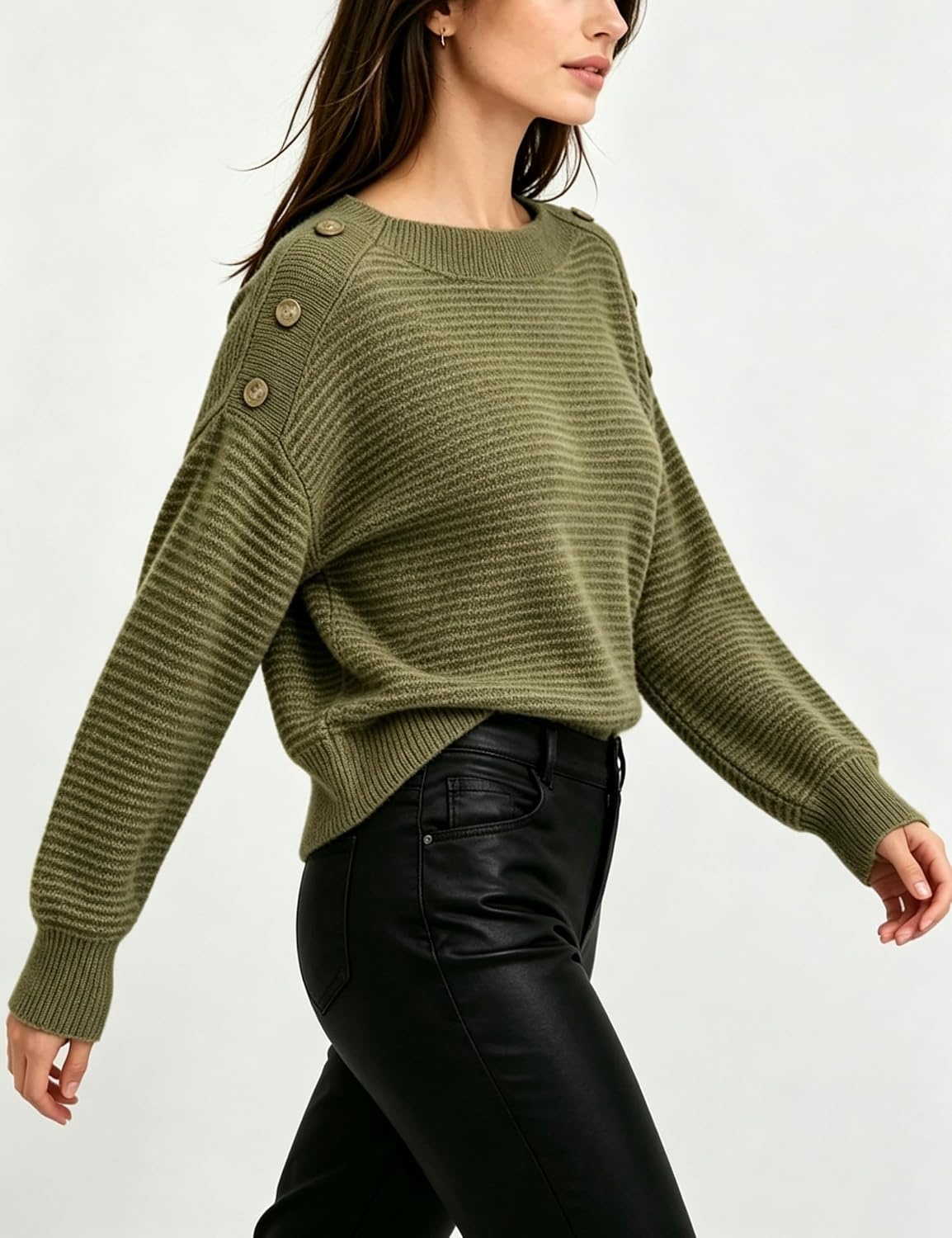 image:imageSpringrain Striped Sweaters for Women Long Sleeve Loose Knit PulloverArmygreen