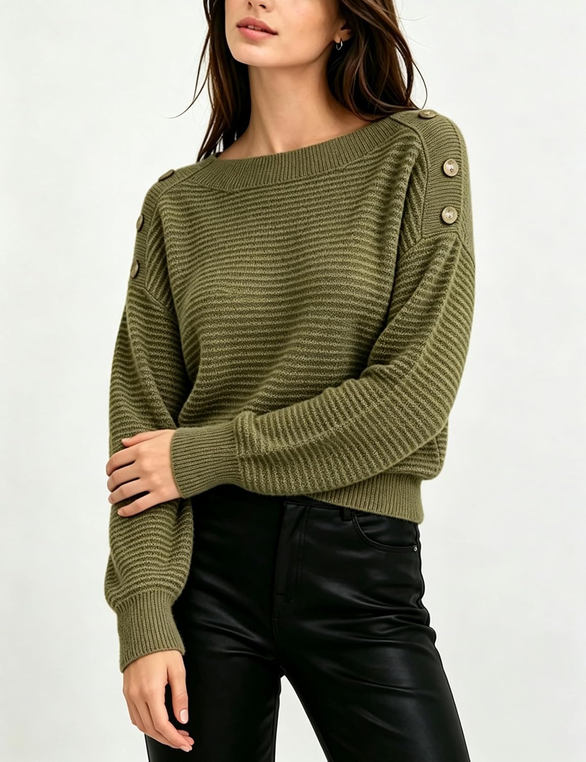 image:imageSpringrain Striped Sweaters for Women Long Sleeve Loose Knit PulloverArmygreen