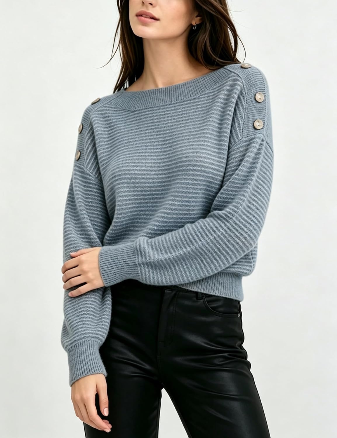 image:imageSpringrain Striped Sweaters for Women Long Sleeve Loose Knit PulloverBluegrey