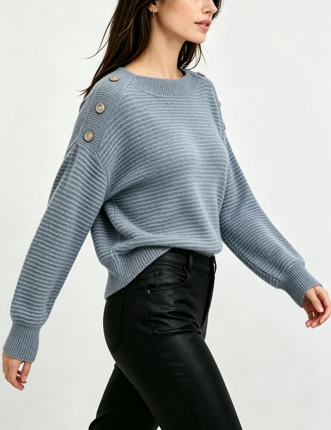 image:imageSpringrain Striped Sweaters for Women Long Sleeve Loose Knit PulloverBluegrey